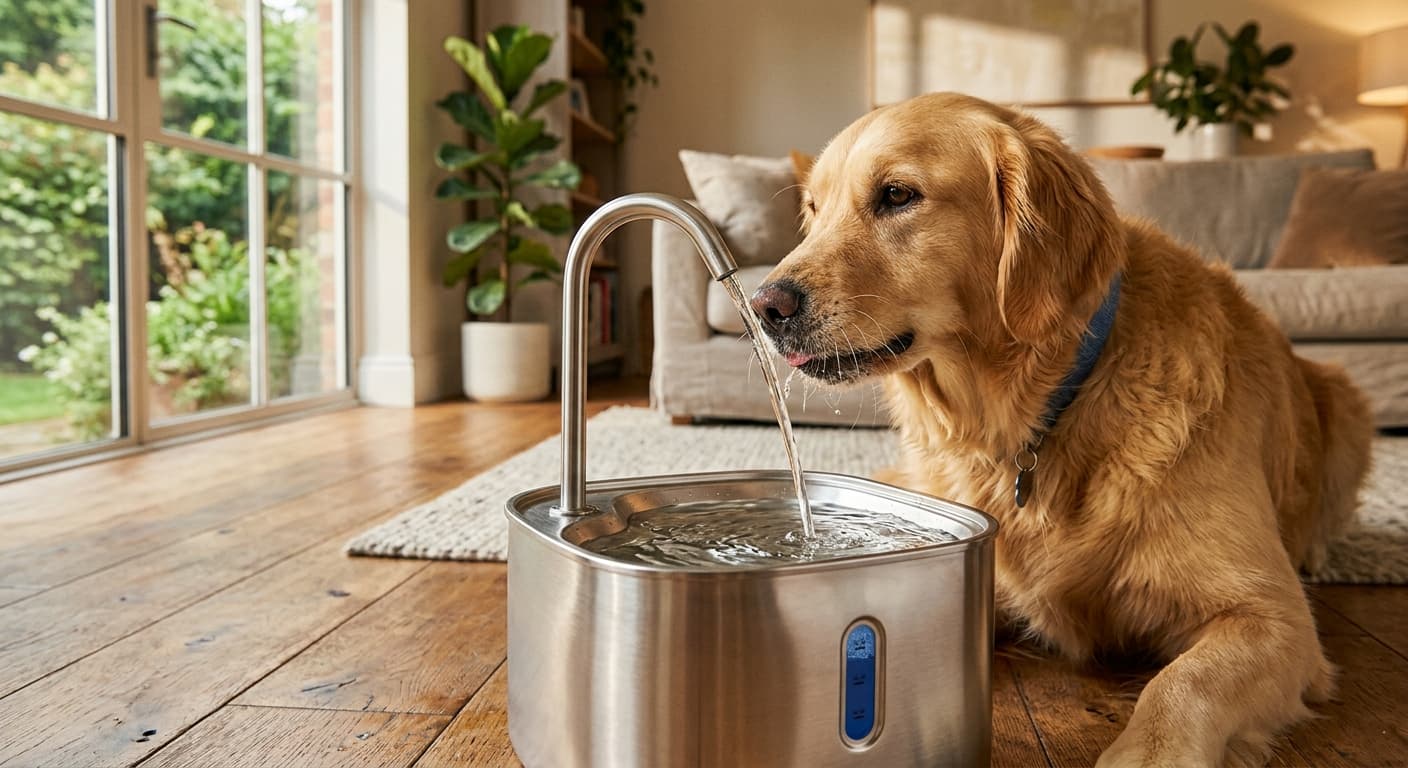 A relaxed dog drinking from a pet water fountain in a warm, sunlit kitchen